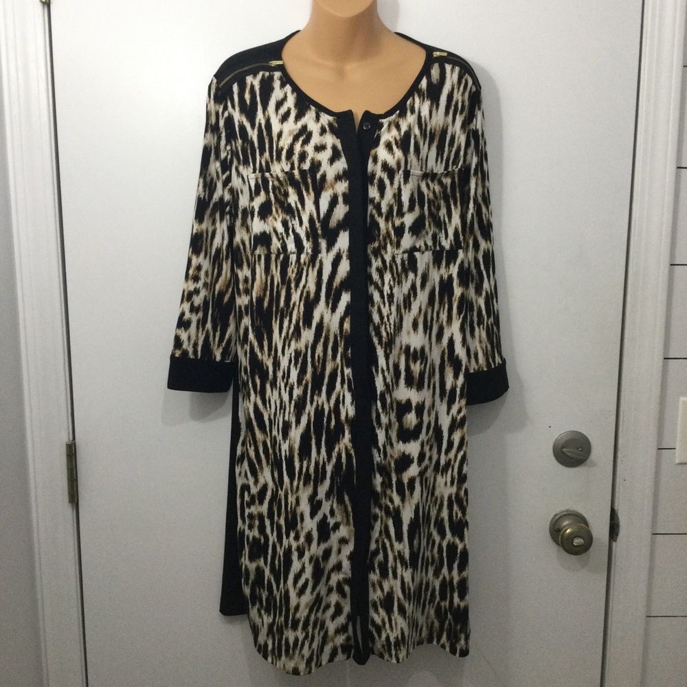 Chico's leopard‎ print dress womens Sz. 2= L/12 Stretchy, hidden button front